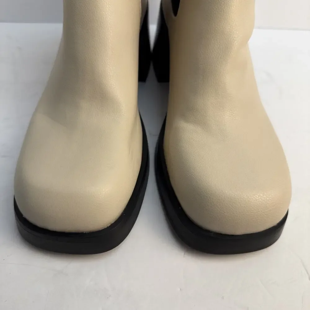 Topshop Womens Ivory‎ Leather Boots Size 9 Chunky Block Heel Retro Y2K NWOB